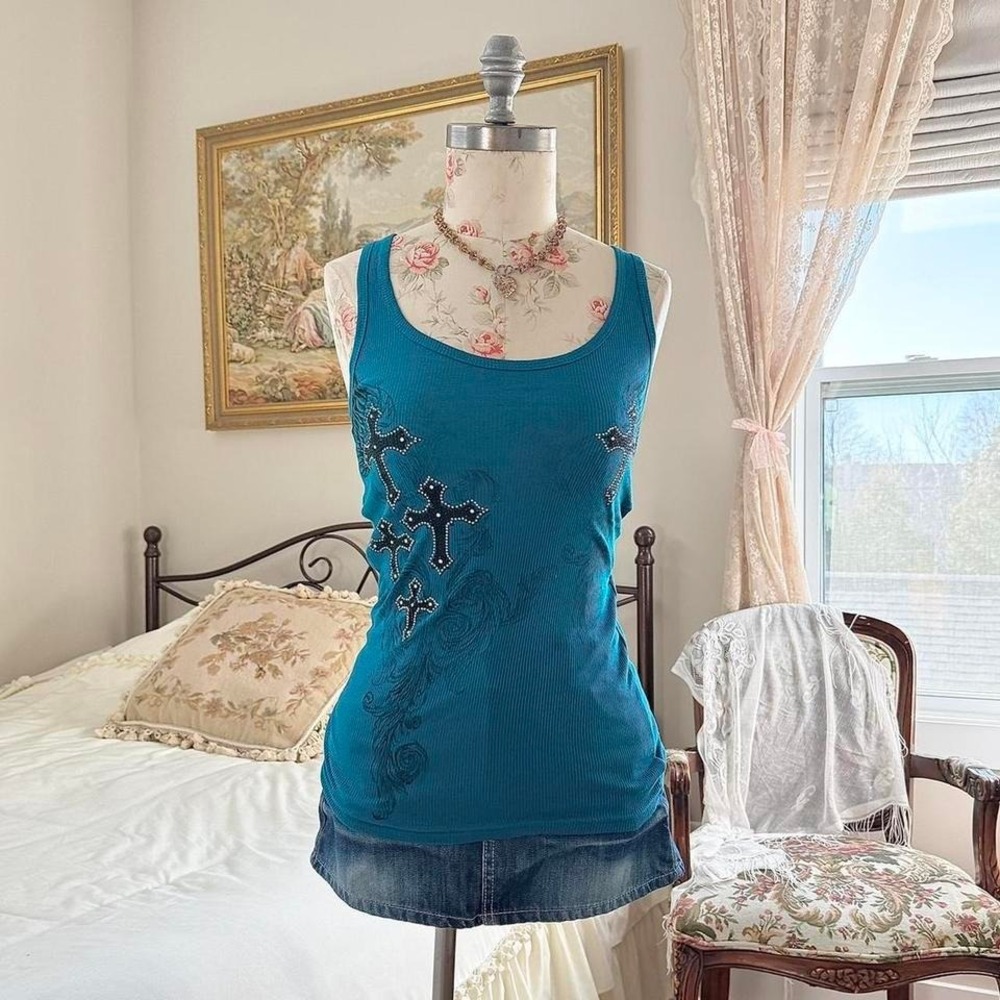 blue rhinestone mcbling tank  y2k zona libre blue graphic tank top size large